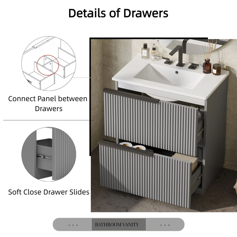 Fluted Bathroom Vanity With Ceramic Sink, Freestanding Cabinet