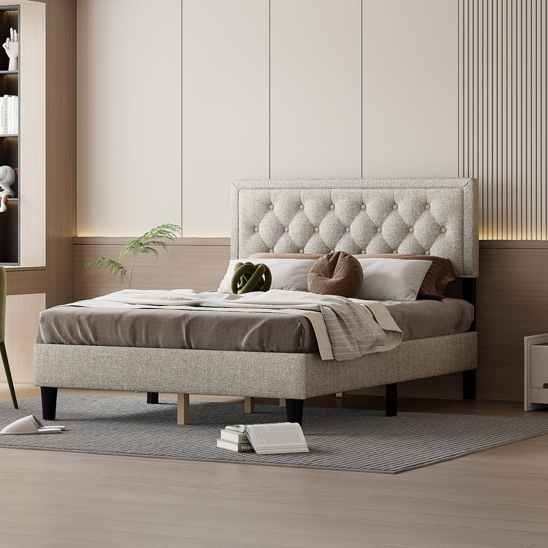 Queen size Panel Bed Frame with Adjustable Button-Tufted Headboard for Bedroom/Linen Upholstered/Wood Slat Support/Easy Assembly,Linen Beige