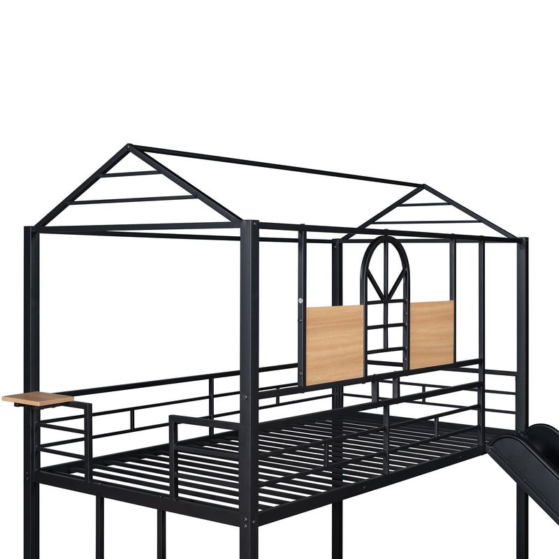 Twin Over Twin Metal Bunk Bed ,Metal Housebed With Slide,Three Colors Available.(Black with Black  Slide)(OLD SKU :LP000095AAB)