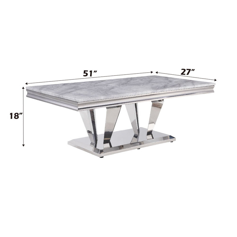 Satinka - Coffee Table - Light Gray Printed Faux Marble & Mirrored Silver Finish - Atlantic Fine Furniture Inc