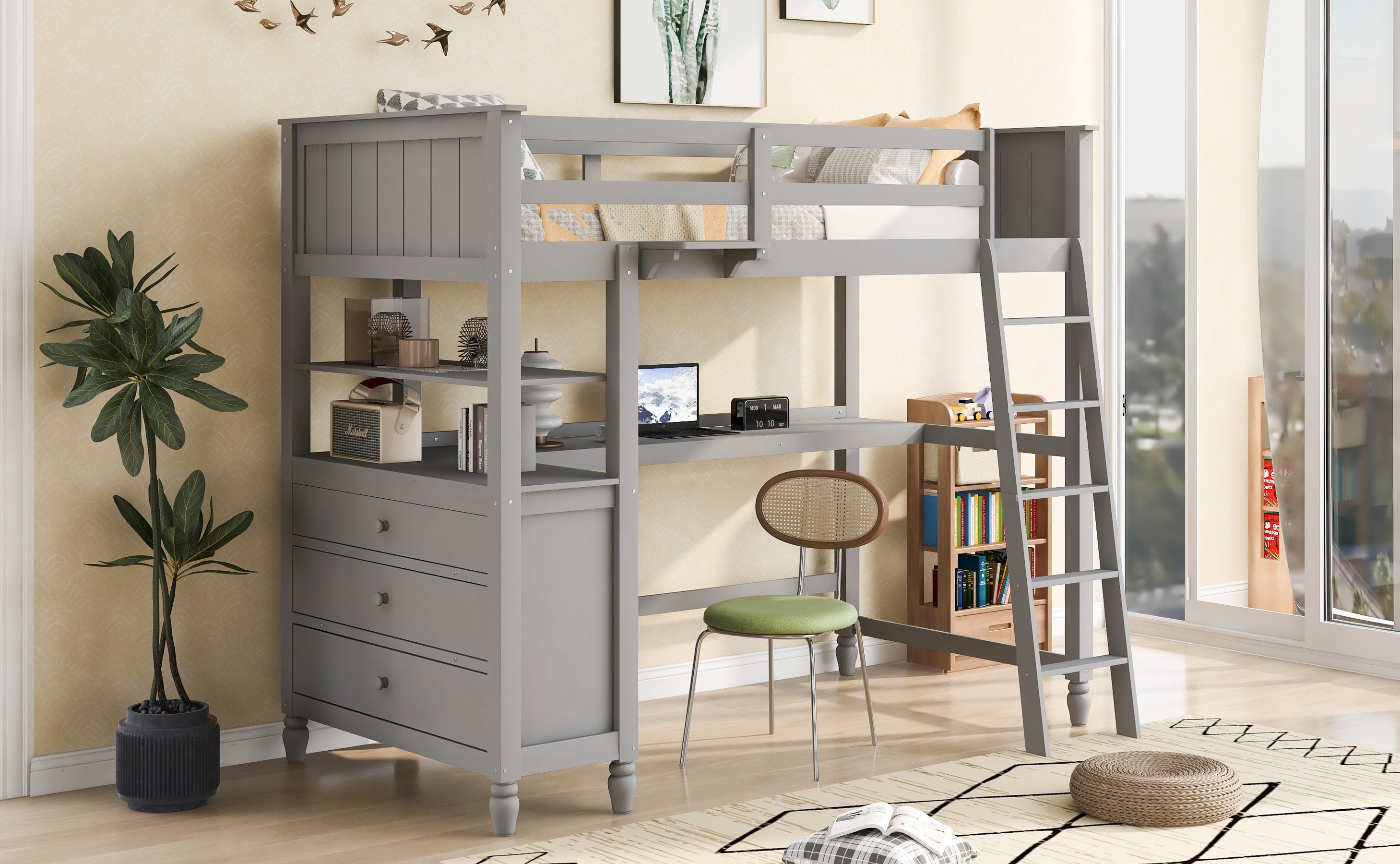 Twin size Loft Bed with Drawers and Desk, Wooden Loft Bed with Shelves - Gray(OLD SKU: LT001530AAE) - Atlantic Fine Furniture Melbourne FL