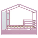 Full Size Wood House Bed with Fence and Writing Board, Pink