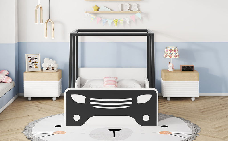 Twin Size Car-Shaped Bed With Roof, Wooden Twin Floor Bed With Wheels And Door Design, Montessori Inspired Bedroom