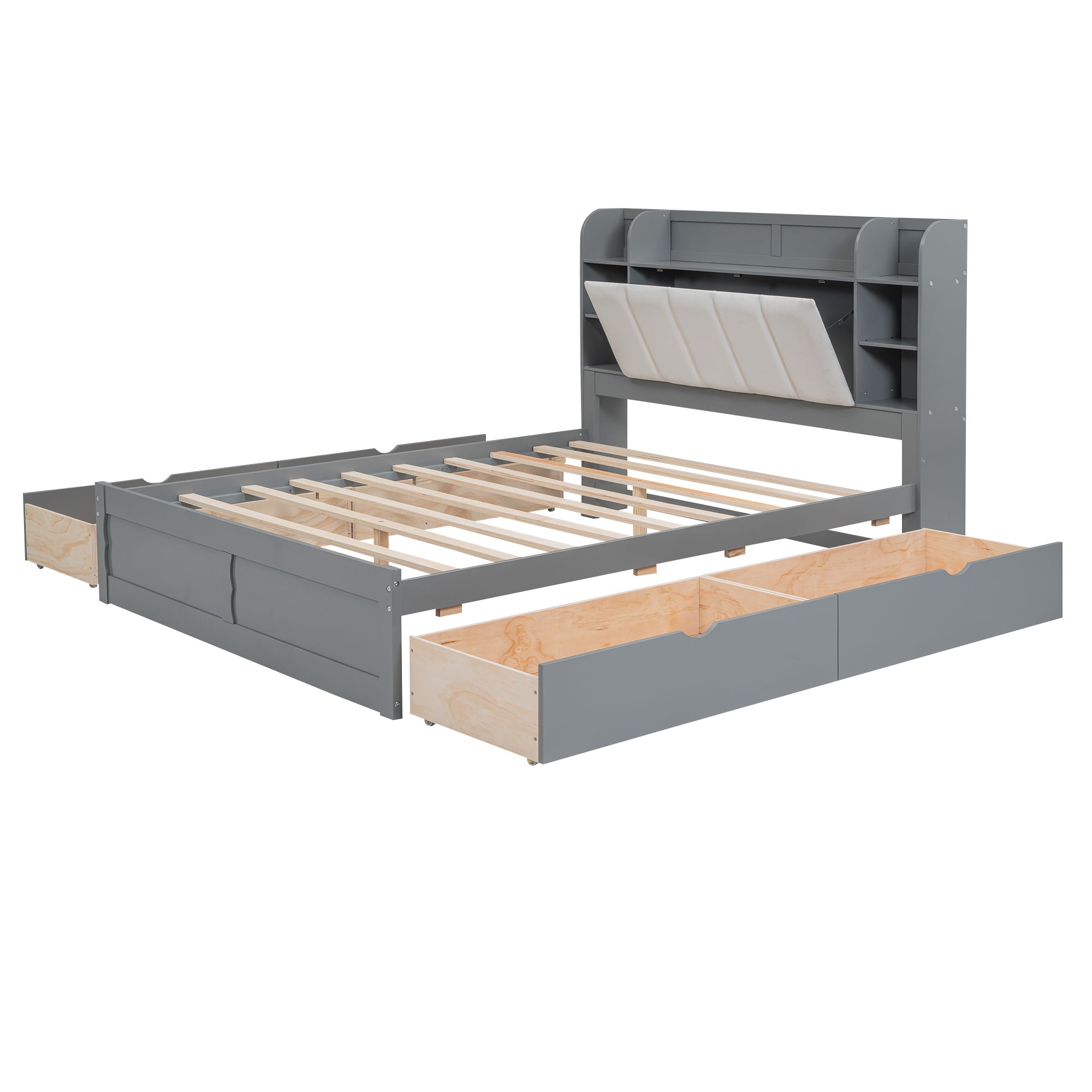 Wood Queen Size Platform Bed with Storage Headboard, Shelves and 4 Drawers, Gray - Atlantic Fine Furniture Melbourne FL