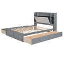 Wood Queen Size Platform Bed with Storage Headboard, Shelves and 4 Drawers, Gray