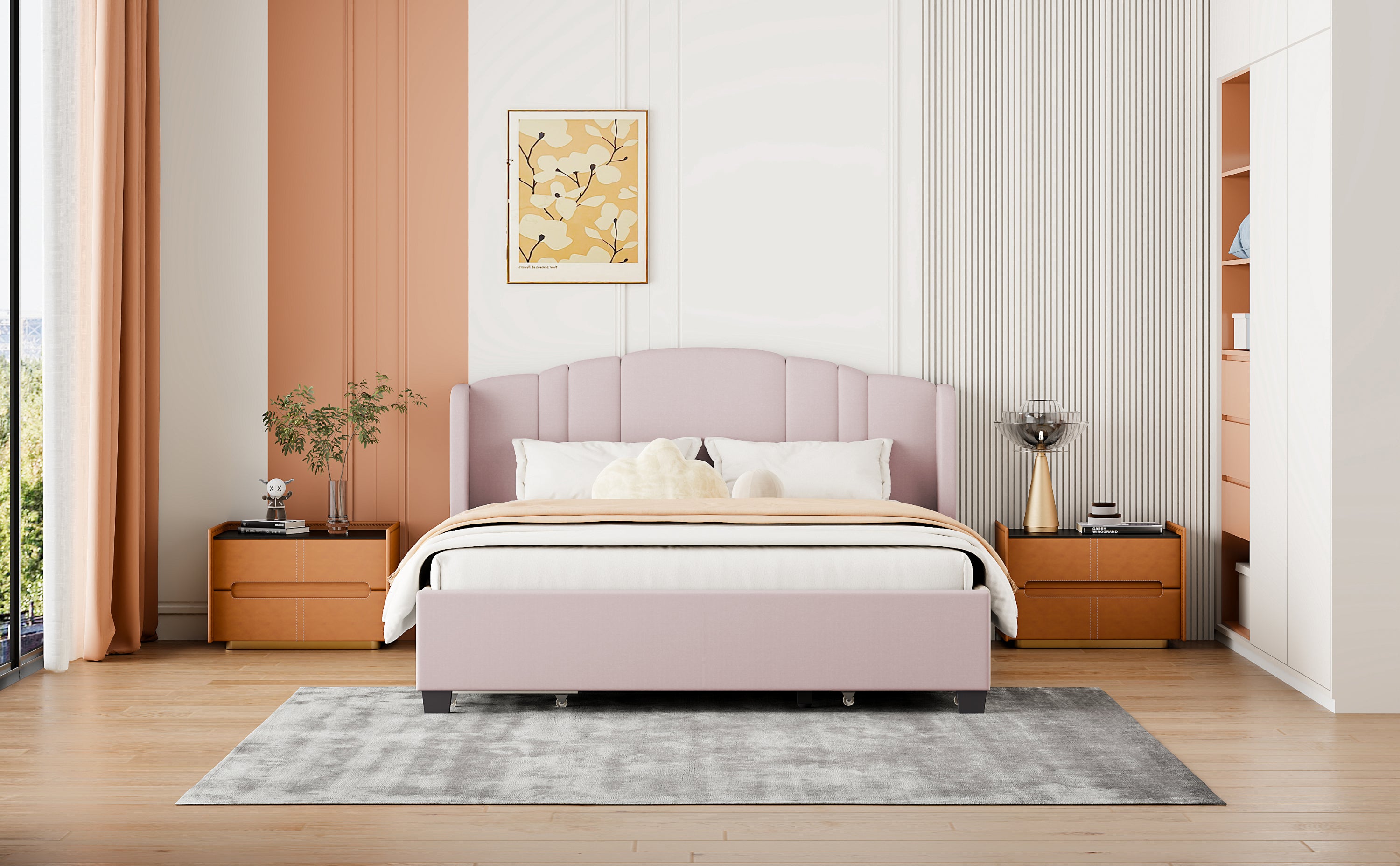 Upholstered Platform Bed with Wingback Headboard and 4 Drawers, No Box Spring Needed, Linen Fabric, Queen Size Pink - Atlantic Fine Furniture Melbourne FL