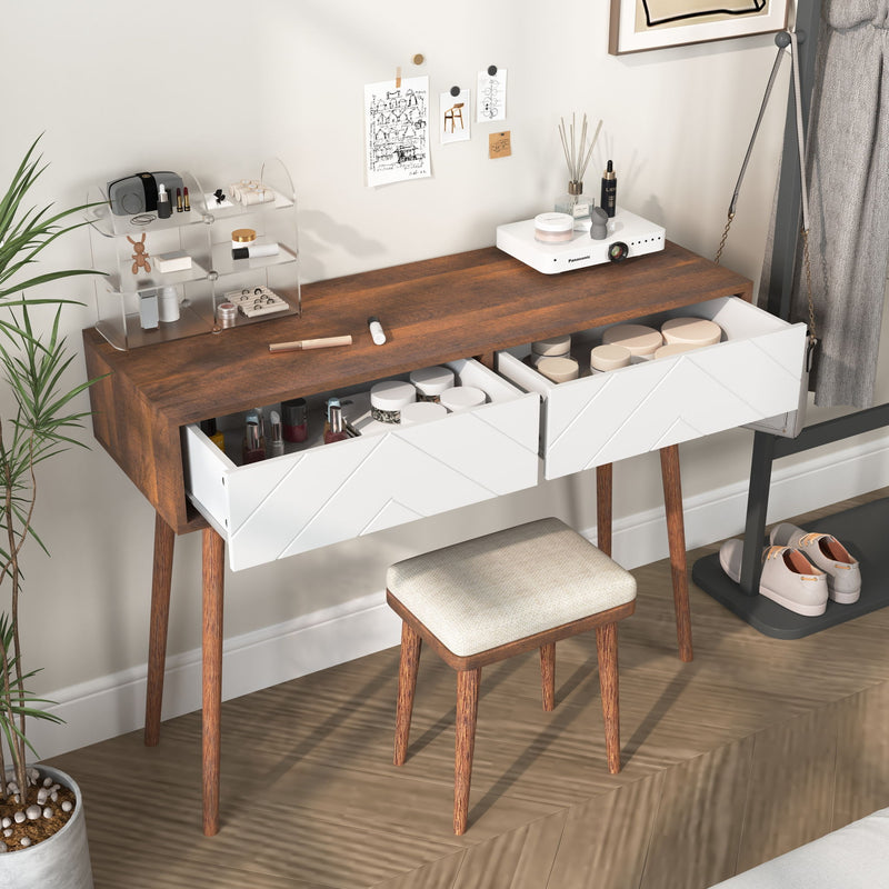 Rustic Entryway Console Table With Carved Panel Drawers And Wood Legs - Natural