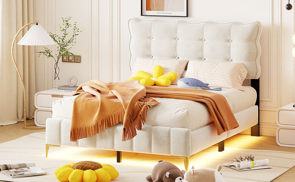 Full Size Velvet Platform Bed with LED Frame and Stylish Mental Bed Legs, Beige - Atlantic Fine Furniture Melbourne FL