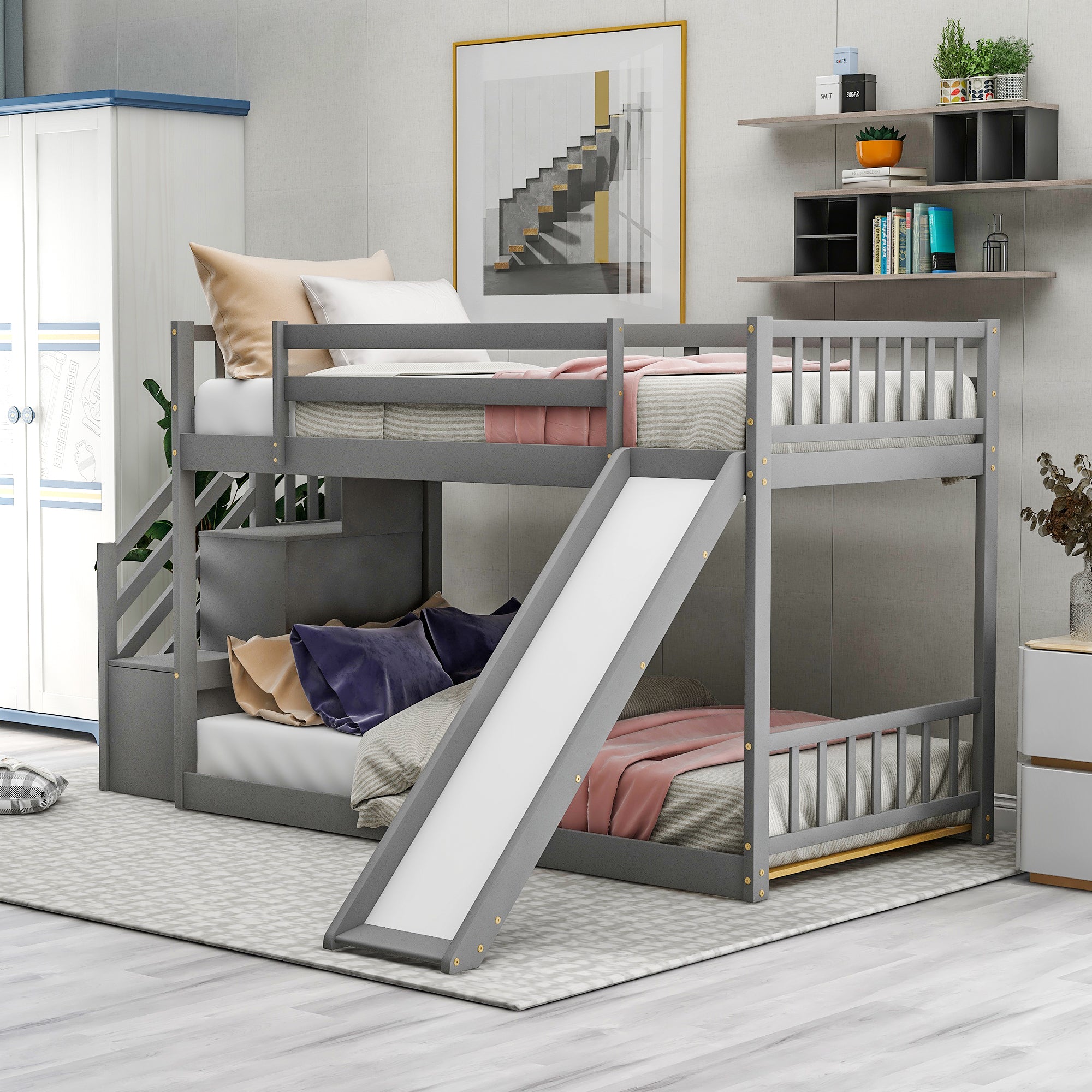 Twin over Twin Bunk Bed with Convertible Slide and Stairway, Gray - Atlantic Fine Furniture Melbourne FL