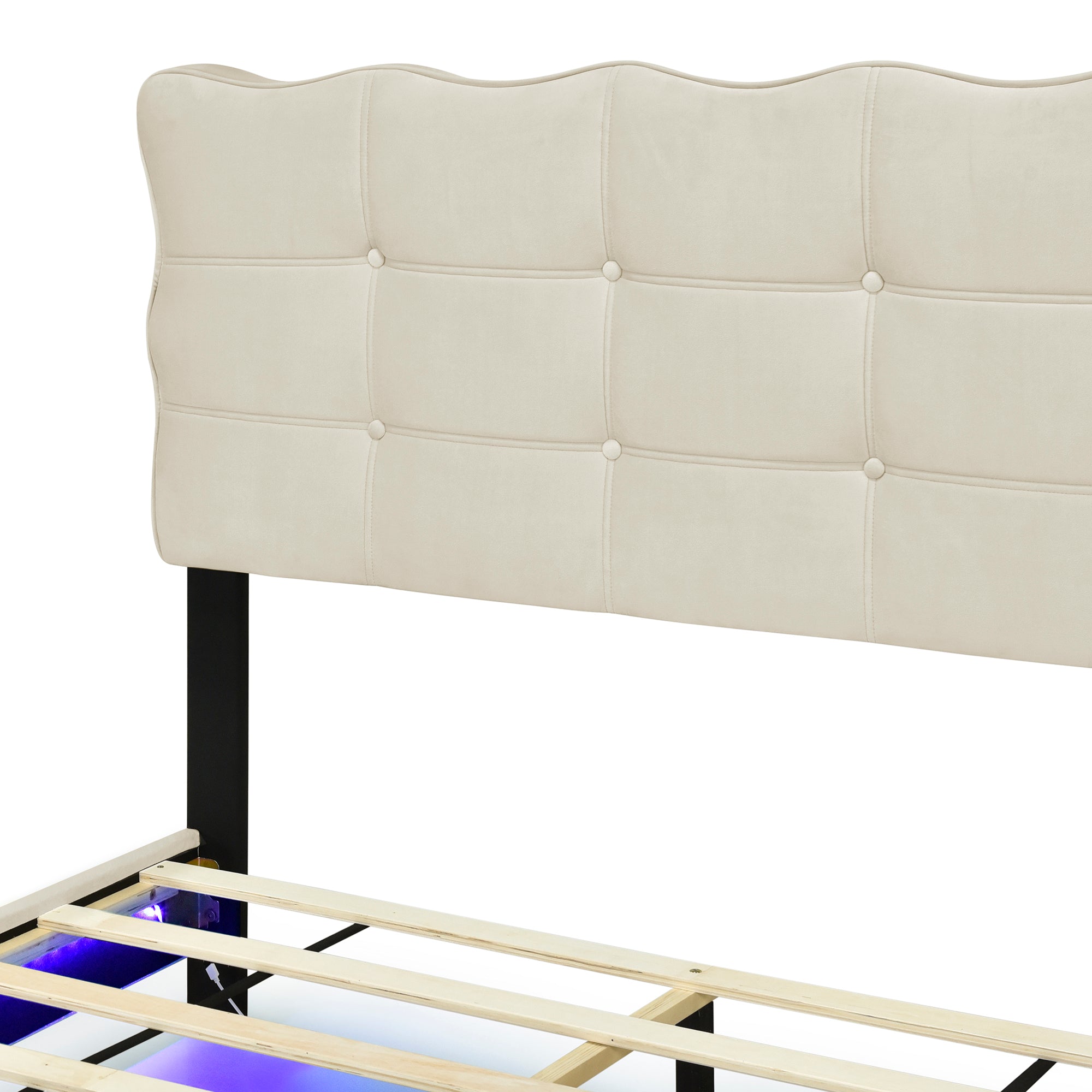 Full Size Velvet Platform Bed with LED Frame and Stylish Mental Bed Legs, Beige - Atlantic Fine Furniture Melbourne FL