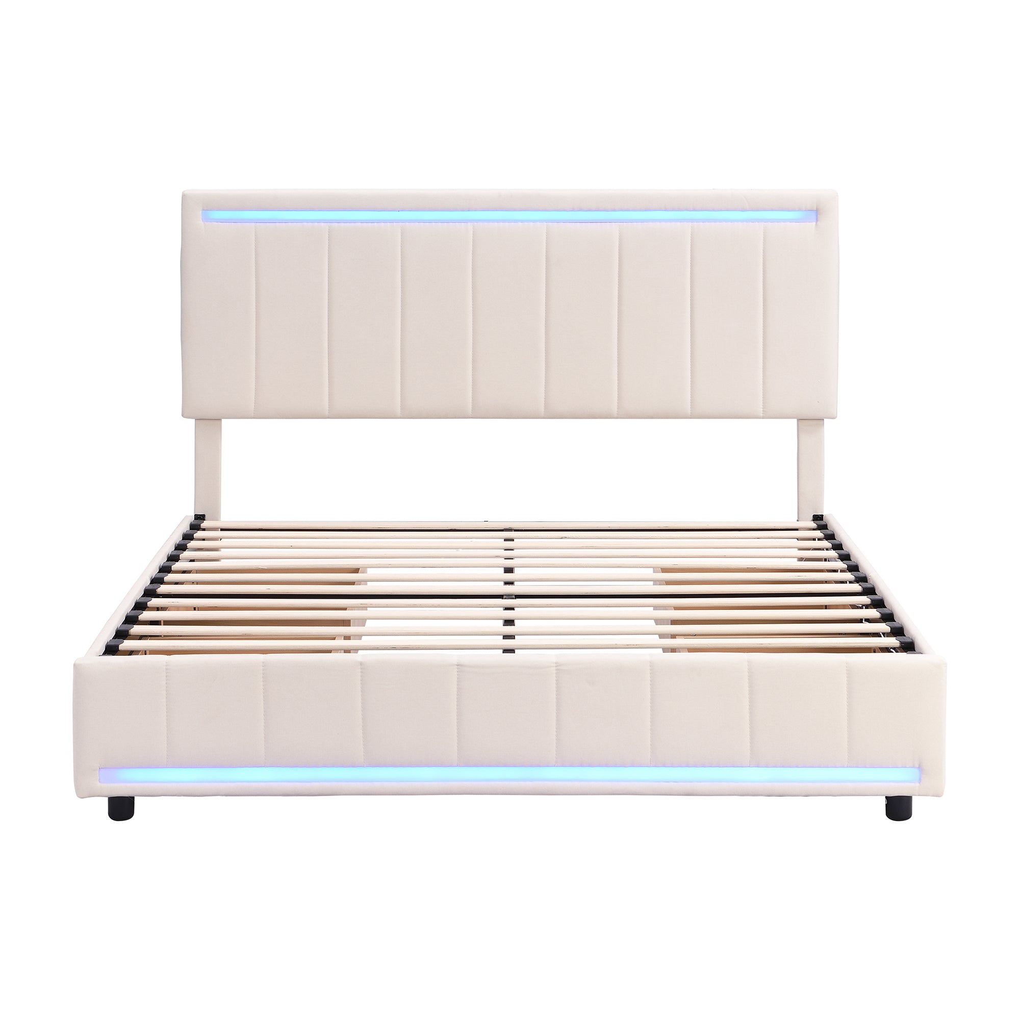 Queen Size Upholstered Bed with LED Light and 4 Drawers,  Modern Platform Bed with a set of Sockets and USB Ports, Linen Fabric, Beige - Atlantic Fine Furniture Melbourne FL