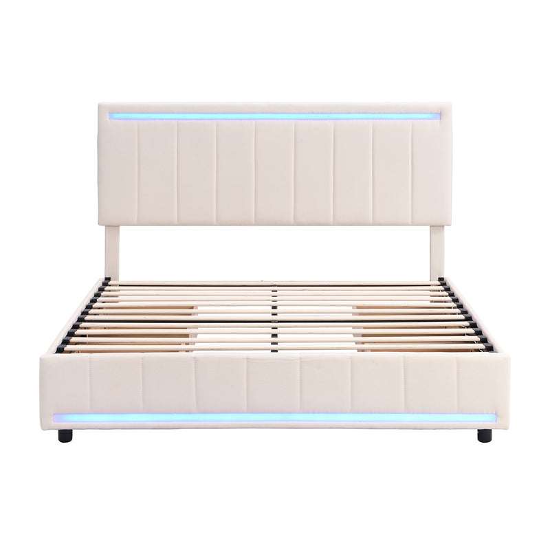 Queen Size Upholstered Bed with LED Light and 4 Drawers,  Modern Platform Bed with a set of Sockets and USB Ports, Linen Fabric, Beige