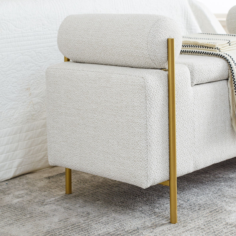 Elegant Upholstered Linen Storage Bench With Cylindrical Arms And Iron Legs, White
