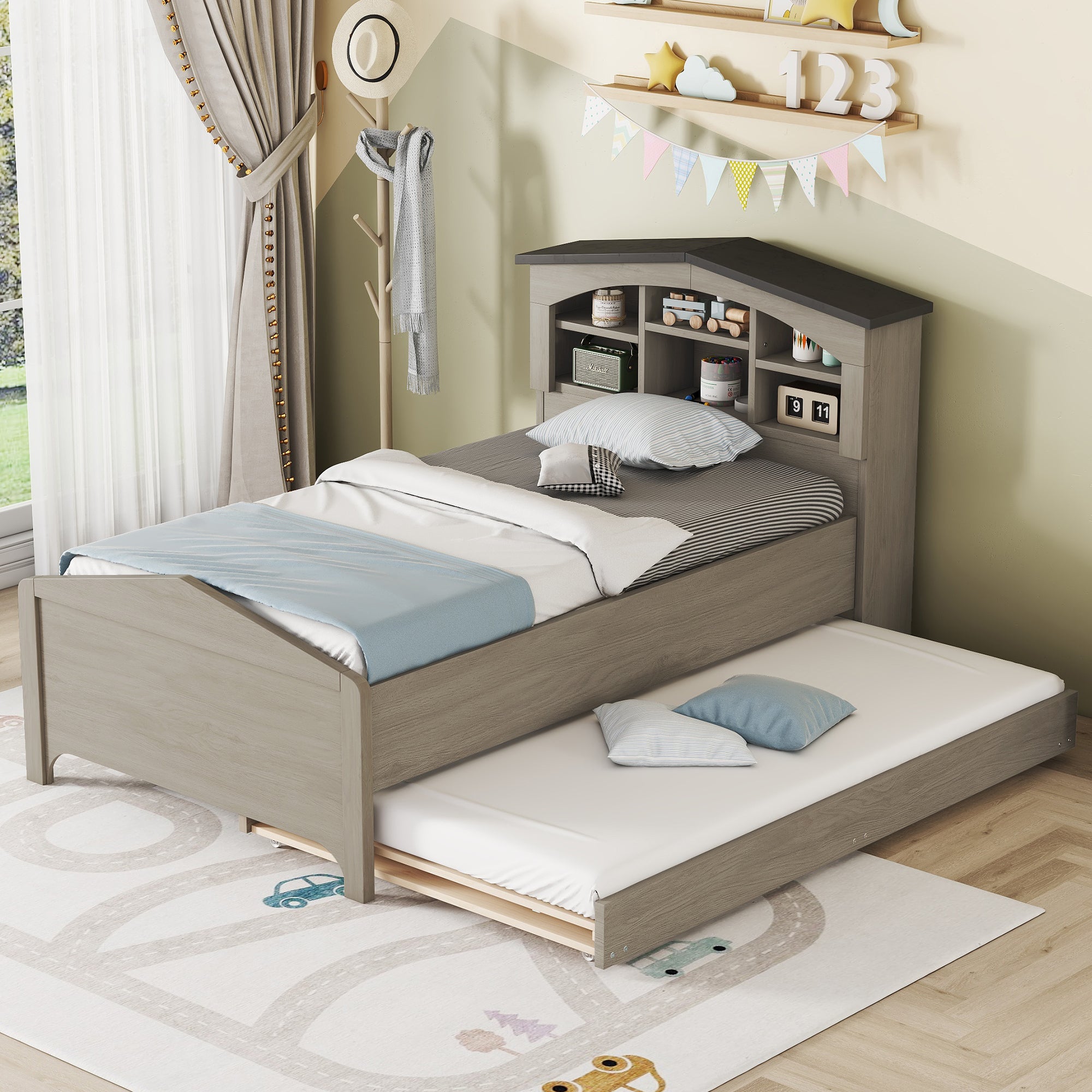 Twin Size Wood Platform Bed with House-shaped Storage Headboard and Trundle, Gray - Atlantic Fine Furniture Melbourne FL
