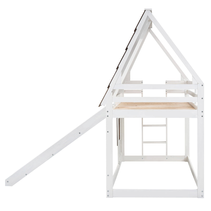 Wood Twin Size House Bunk Bed With Roof, Ladder And Slide - White / Brown