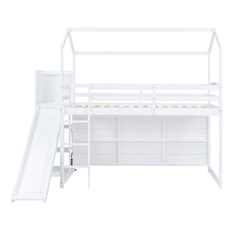 House Loft Bed With Slide, Storage Shelves And Light, Climbing Ramp