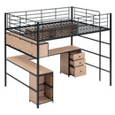 Metal Loft Bed with bookcase, desk and cabinet, Full, Black