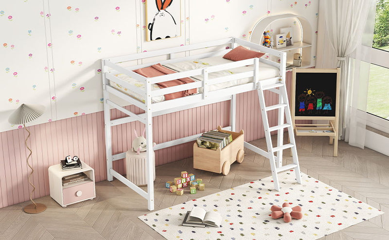 High Loft Bed With Inclined Ladder, Guardrails