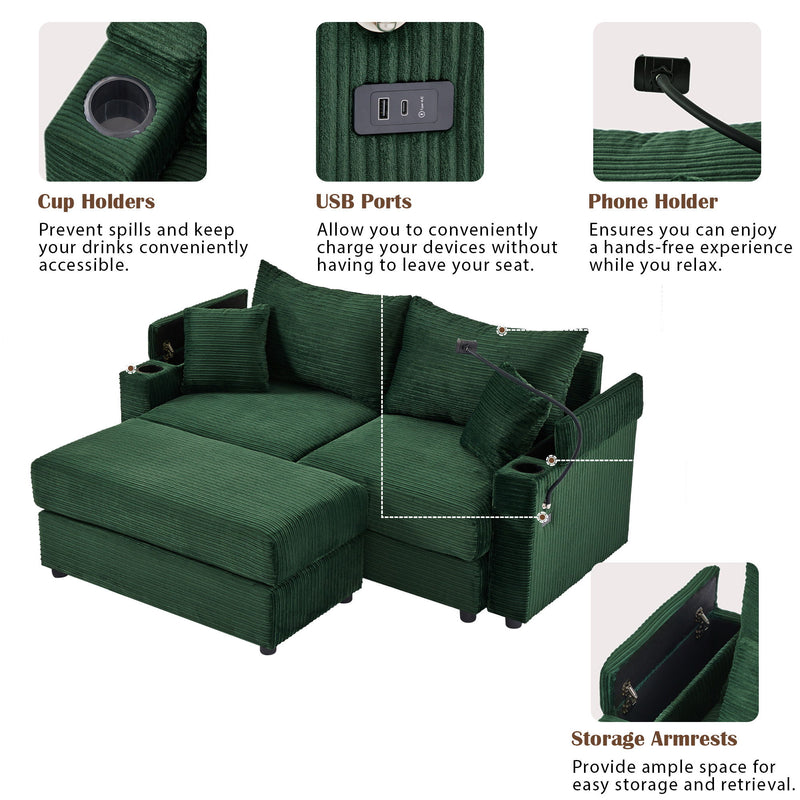 Modern Style Loveseat Sofa Sectional Sofa Couch With Storage Space, A Movable Ottoman, Two USB Ports, Two Cup Holders, A Phone Holder For Living Room