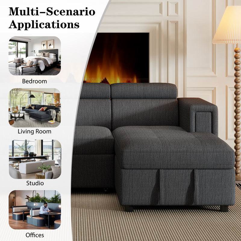 Multi-Functional Pull-Out Sofa Bed L-Shape Sectional Sofa With Adjustable Headrest, Wireless Charging, Cup Holders And Hidden Storage For Living Room