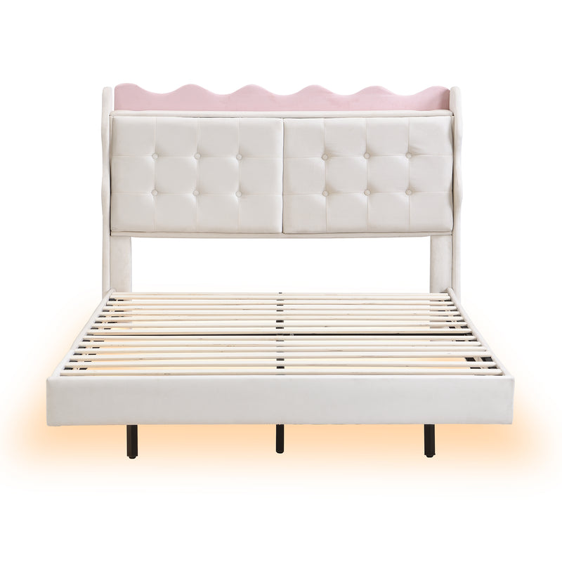 Full Size Upholstery Platform Bed Frame with LED Light Strips,Headboard Storage Space and Two USB Charging Deisgn,Beige