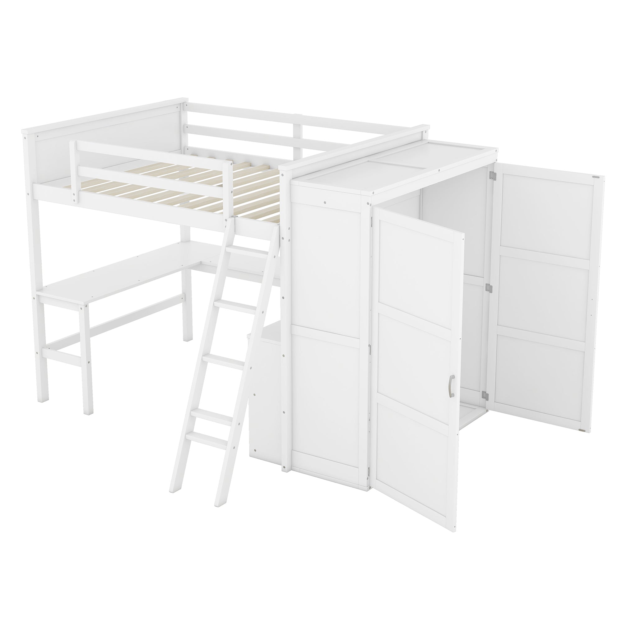 Full size Loft Bed with Desk, Shelves and Wardrobe-White - Atlantic Fine Furniture Melbourne FL