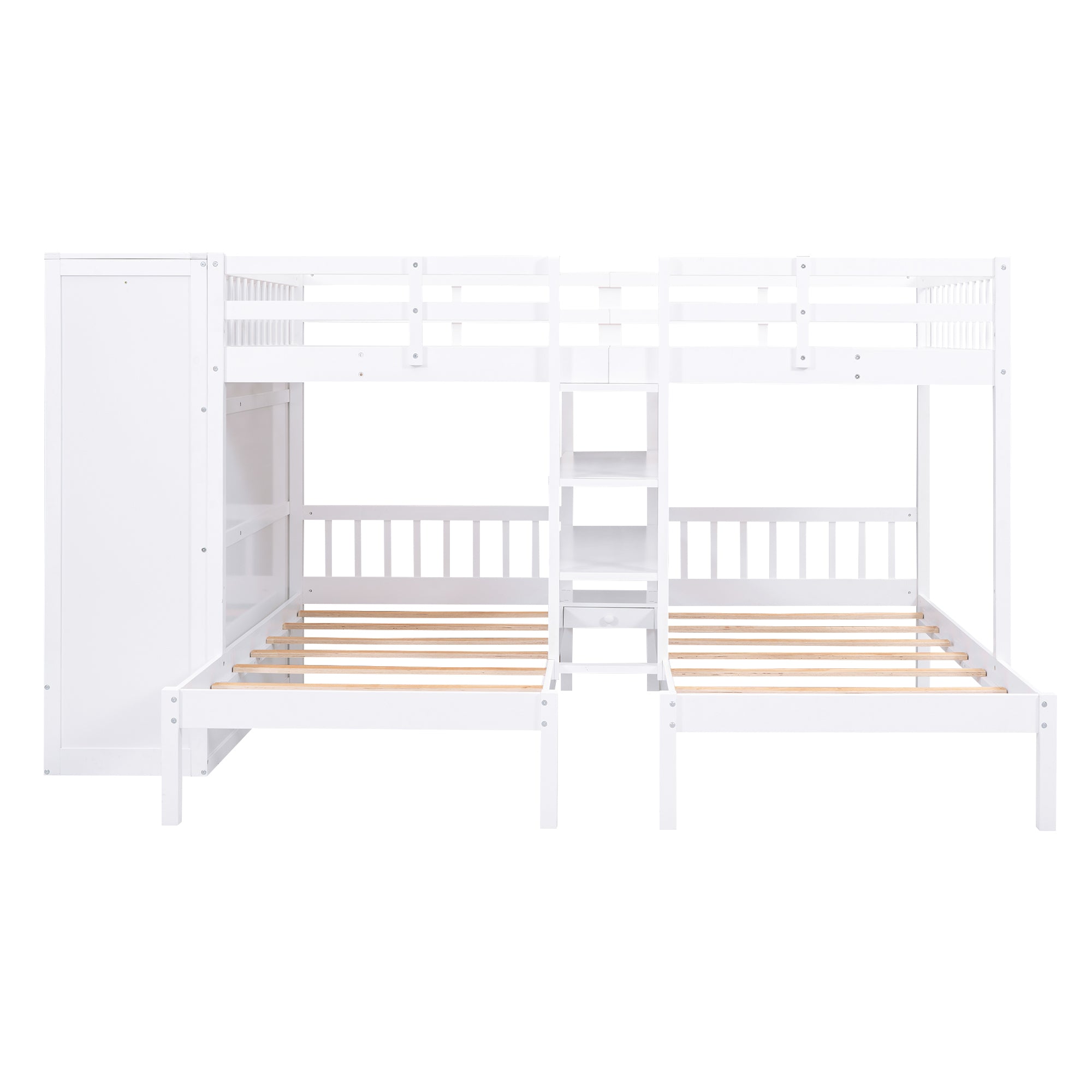 Full-Over-Twin-Twin Bunk Bed with Shelves, Wardrobe and Mirror, White - Atlantic Fine Furniture Melbourne FL