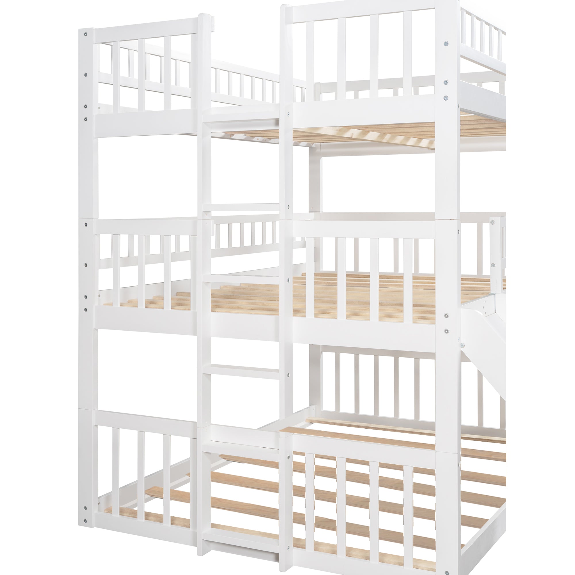 Full-Over-Full-Over-Full Triple Bed with Built-in Ladder and Slide , Triple Bunk Bed with Guardrails, White(OLD SKU :LP000052AAK)