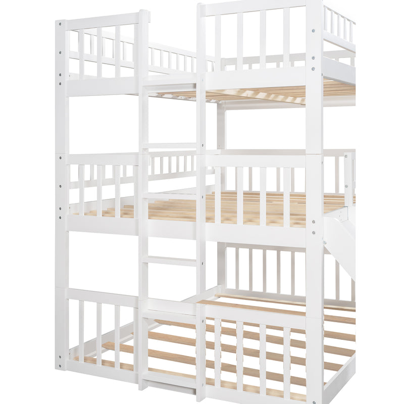 Full-Over-Full-Over-Full Triple Bed with Built-in Ladder and Slide , Triple Bunk Bed with Guardrails, White(OLD SKU :LP000052AAK)