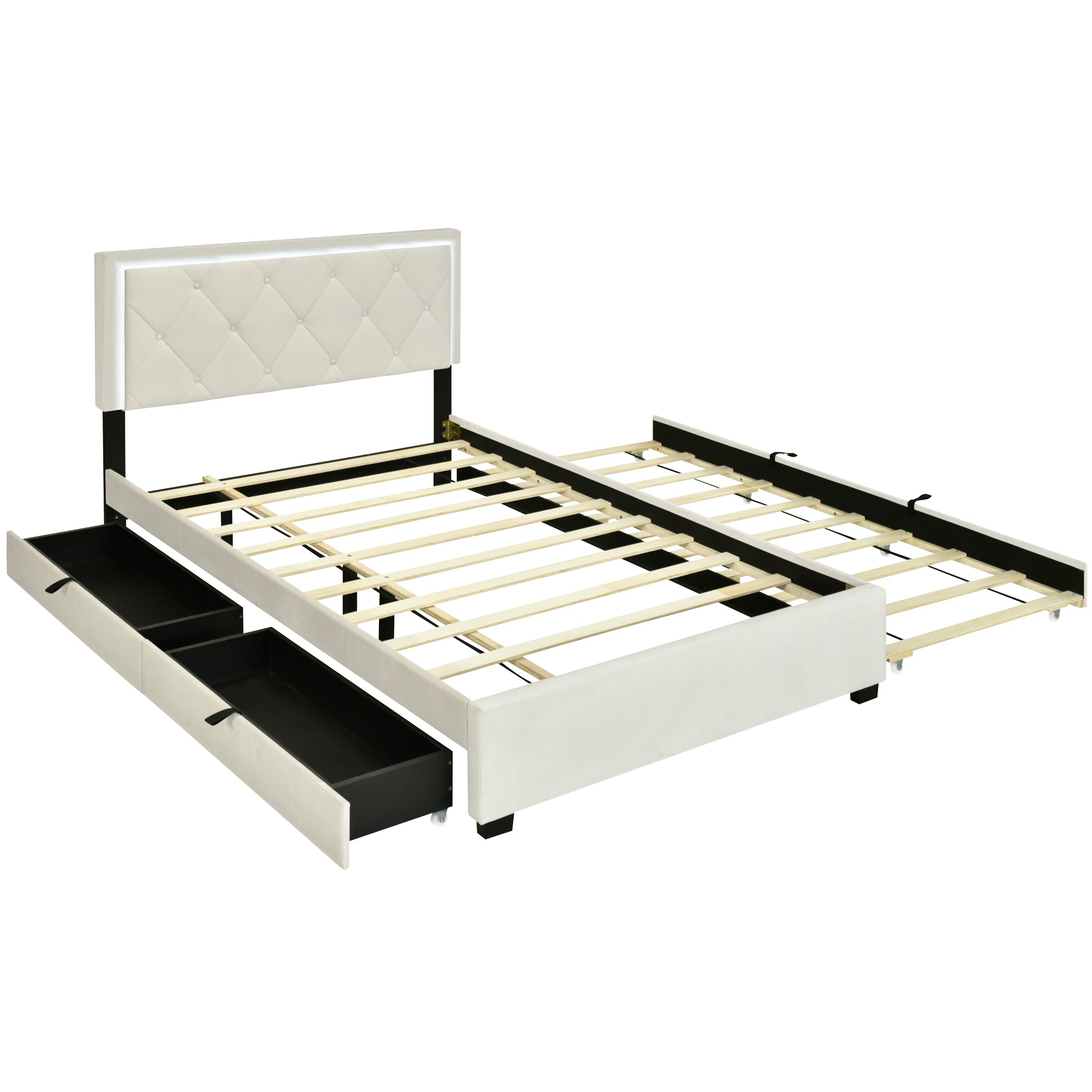 Full Size Velvet Storage Platform Bed, with 2 Big Drawers, T Size Trundle and LED Light, Beige - Atlantic Fine Furniture Melbourne FL