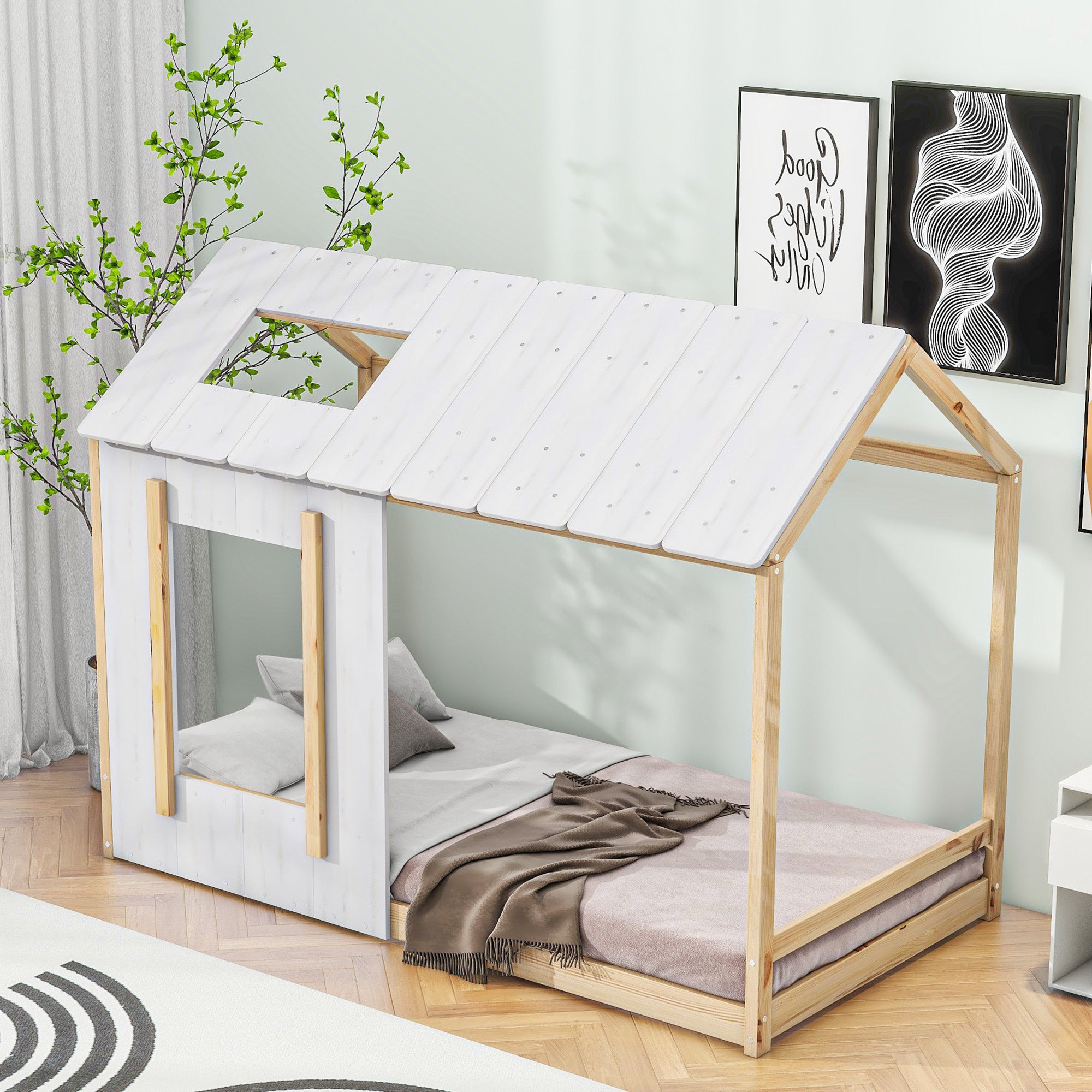 Twin Size House Platform with Roof and Window , White+Natural - Atlantic Fine Furniture Melbourne FL