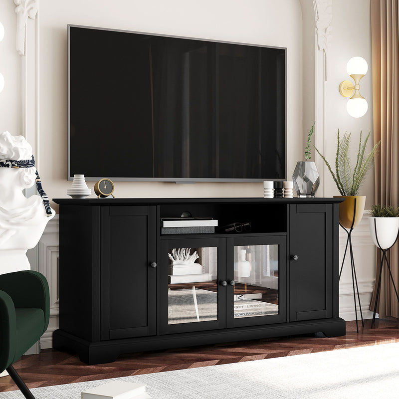 TV Stand For TV Up To 65In With 2 Tempered Glass Doors Adjustable Panels Open Style Cabinet, Sideboard For Living Room