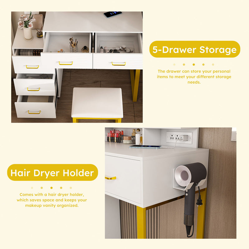 Elegant Makeup Vanity With Led Lights & Power Outlet - White