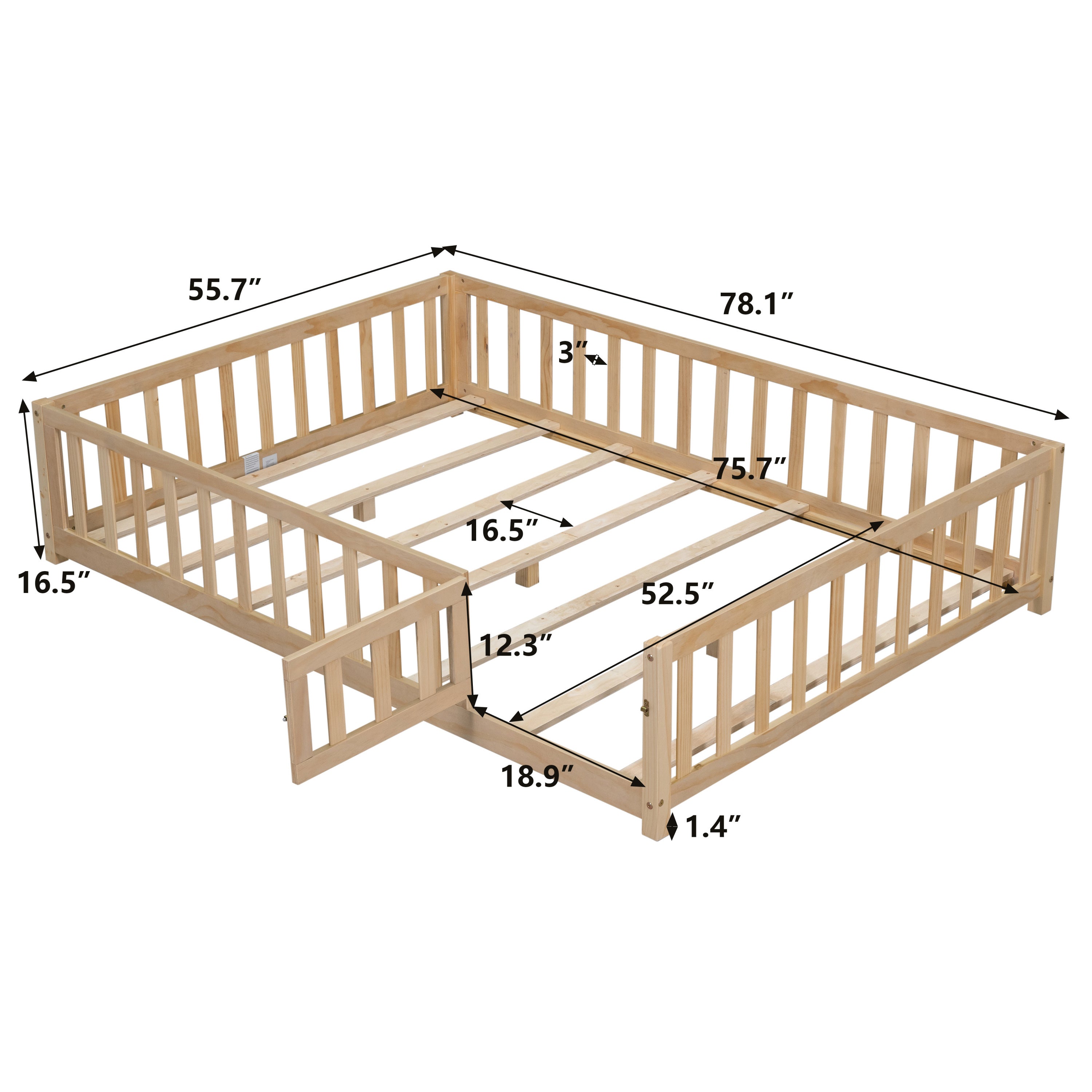 Full Size Floor Platform Bed with Fence and Door for Kids, Montessori Floor Bed Frame with Support Slats for Toddlers, Wooden Floor Bed Natural - Atlantic Fine Furniture Melbourne FL