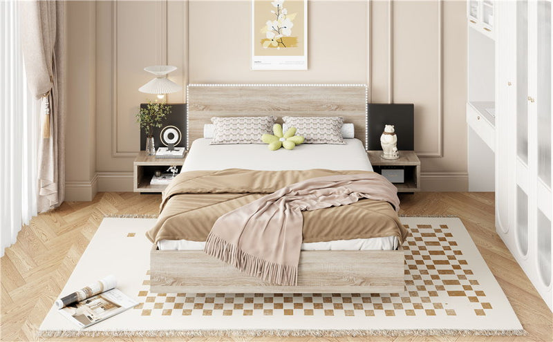 Floating Platform Bed, With LED Lights, Bedside Nightstand