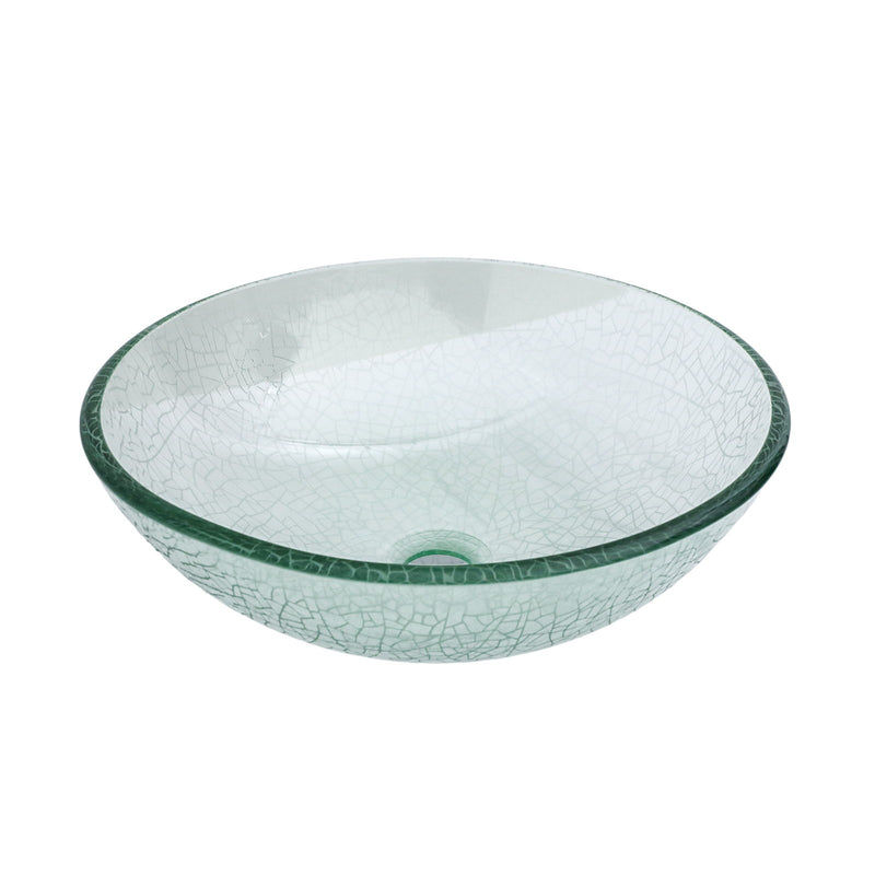 Crackle Vessel Sink, Round Bowl With Pop Up Drain - Clear