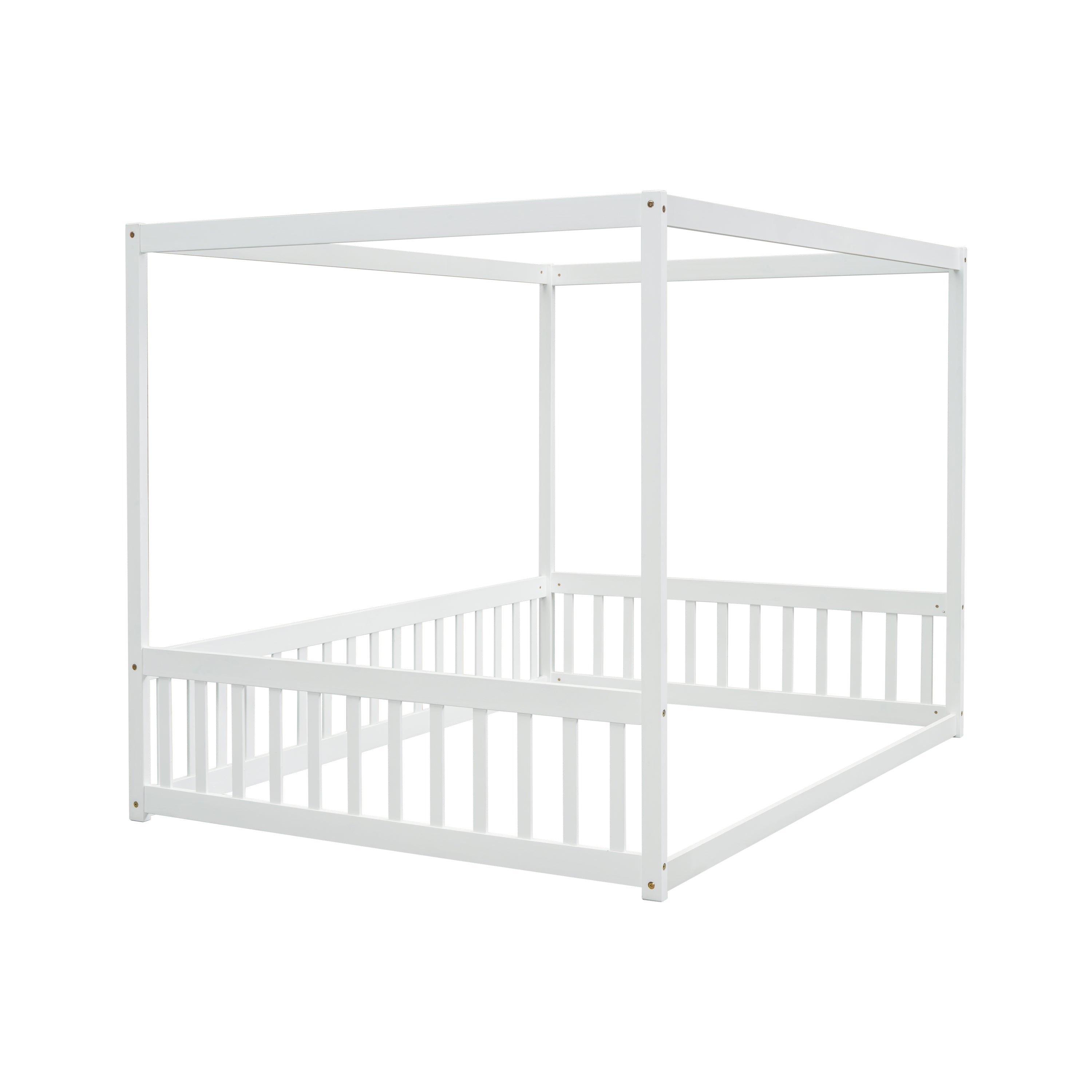Full Size Canopy Frame Floor Bed with Fence, Guardrails,White
