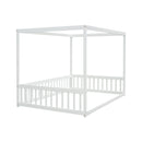 Full Size Canopy Frame Floor Bed with Fence, Guardrails,White