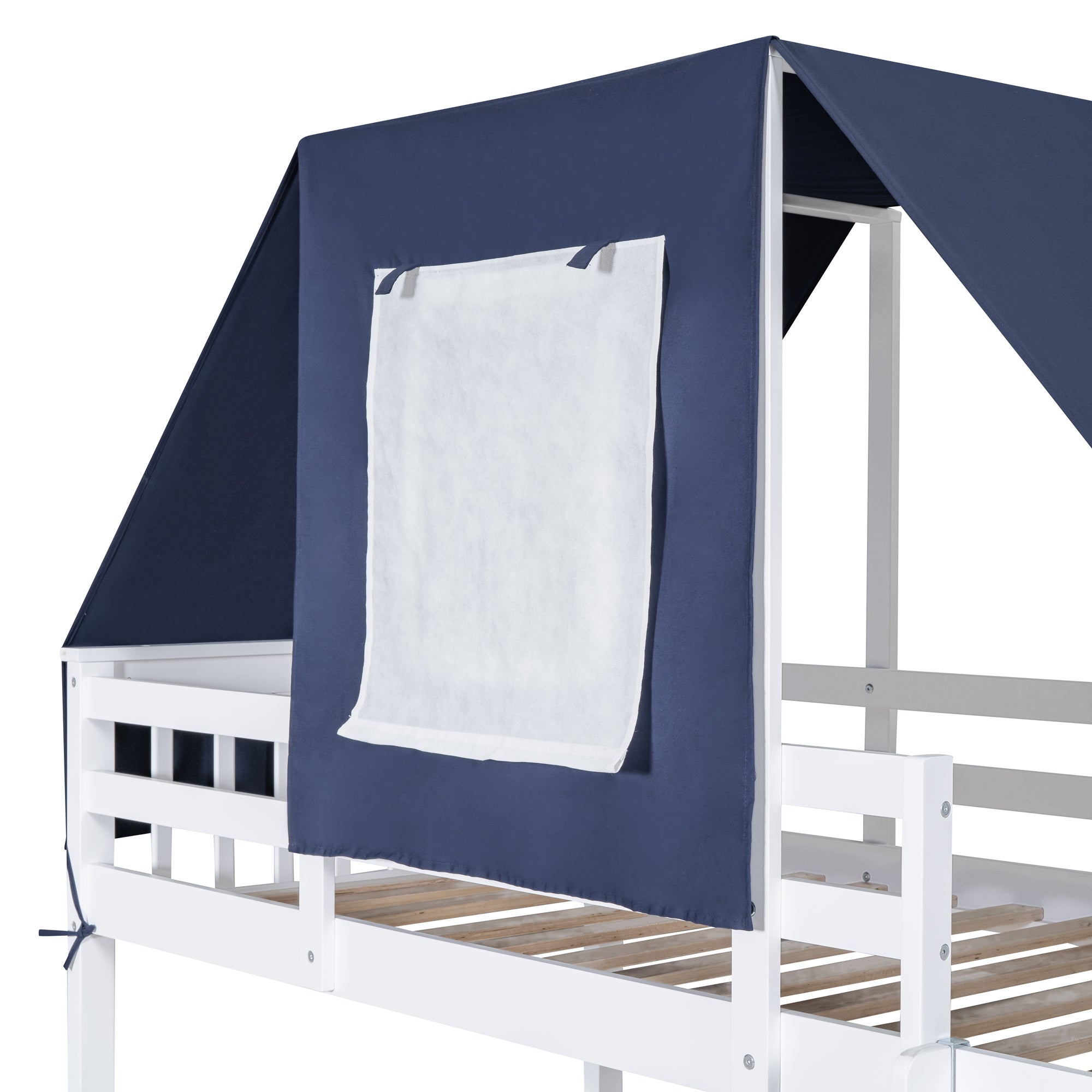 Twin Over Twin Bunk Bed Wood Bed with Tent and Drawers, White+Blue Tent - Atlantic Fine Furniture Melbourne FL