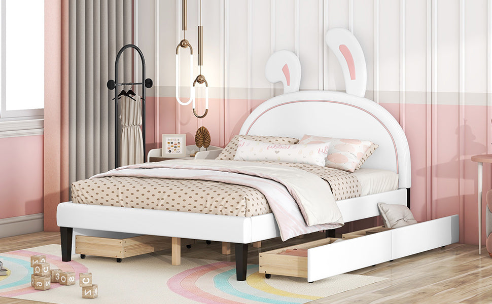 Full Size Upholstered Leather Platform Bed with Rabbit Ornament and 4 Drawers, White - Atlantic Fine Furniture Melbourne FL