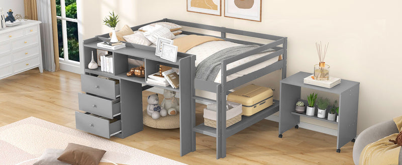 Full Size Low Loft Bed with Rolling Portable Desk, Drawers and Shelves, Gray(Old SKU: GX000711AAE)