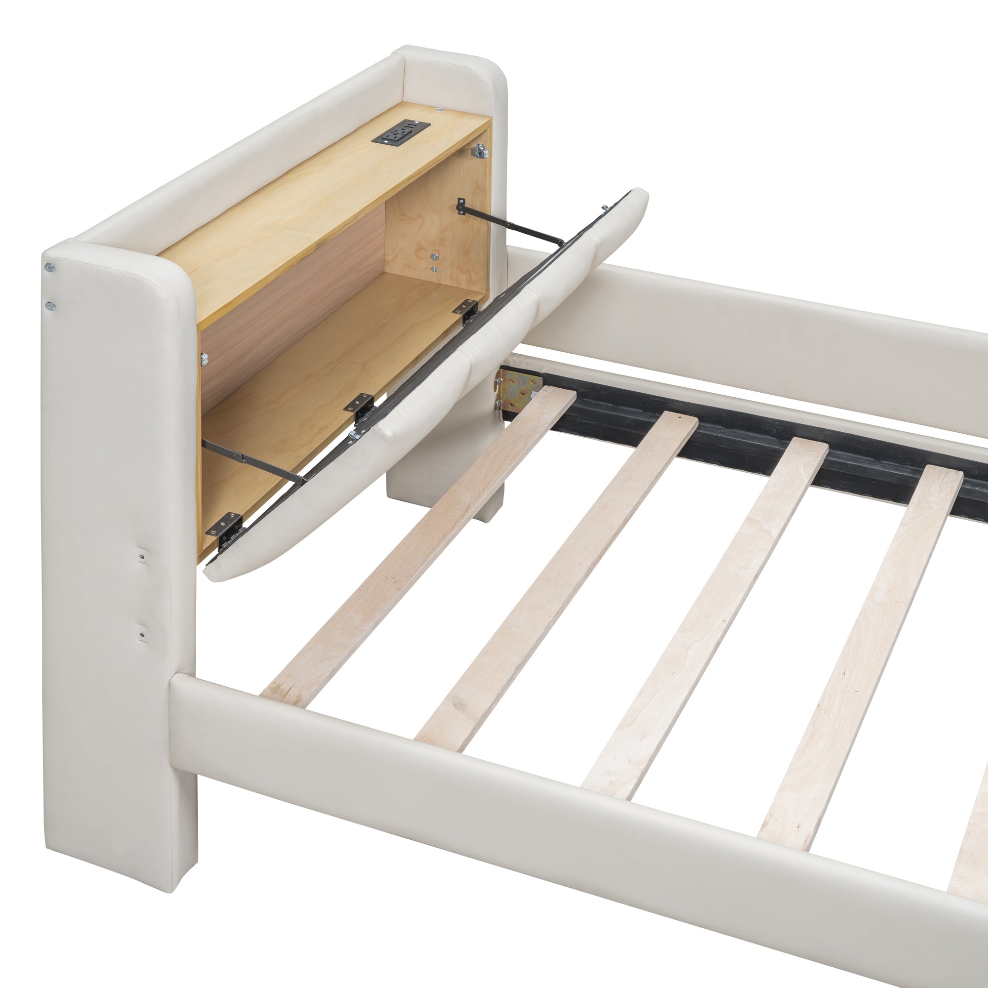 Queen Size & Twin XL Size Upholstered Platform Bed, Mother & Child Bed with Hydraulic Storage System, Drawer Box, Bedhead storage shelf and Two pairs of sockets & USB Ports, PU Leather, Beige