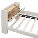 Queen Size & Twin XL Size Upholstered Platform Bed, Mother & Child Bed with Hydraulic Storage System, Drawer Box, Bedhead storage shelf and Two pairs of sockets & USB Ports, PU Leather, Beige