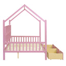Wooden Full Size House Bed with 2 Drawers,Kids Bed with Storage Shelf, Pink