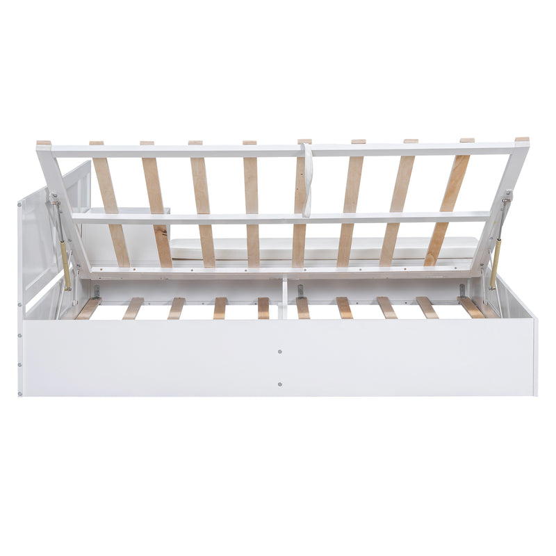 Full Size Wood Storage Hydraulic Platform Bed with Twin Size Trundle, Side Table and Lounge, White