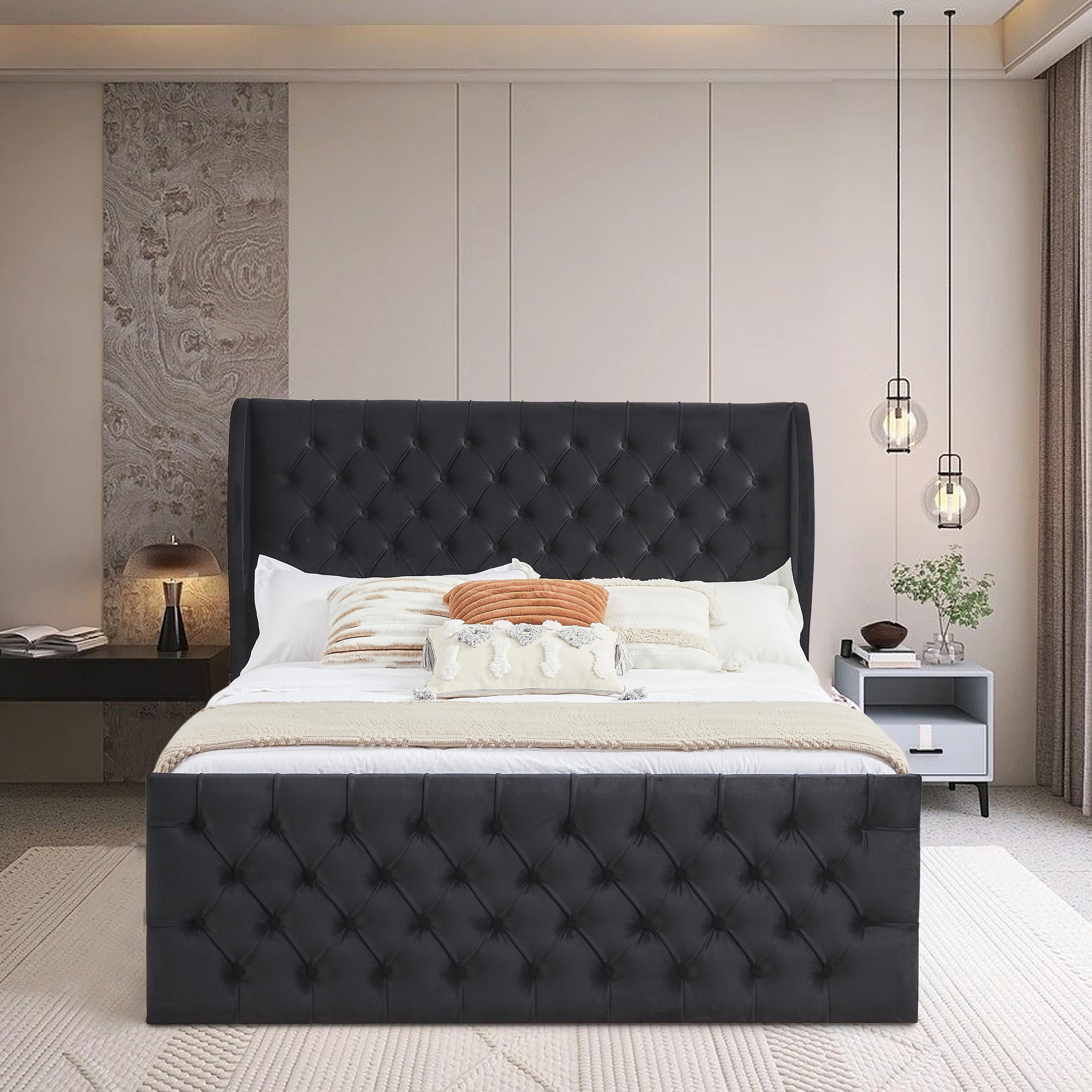 King Size Platform Bed Frame, Velvet Upholstered Sleigh Bed with Scroll Wingback Headboard & Footboard/Button Tufted/No Box Spring Required/Easy Assembly-Black - Atlantic Fine Furniture Melbourne FL