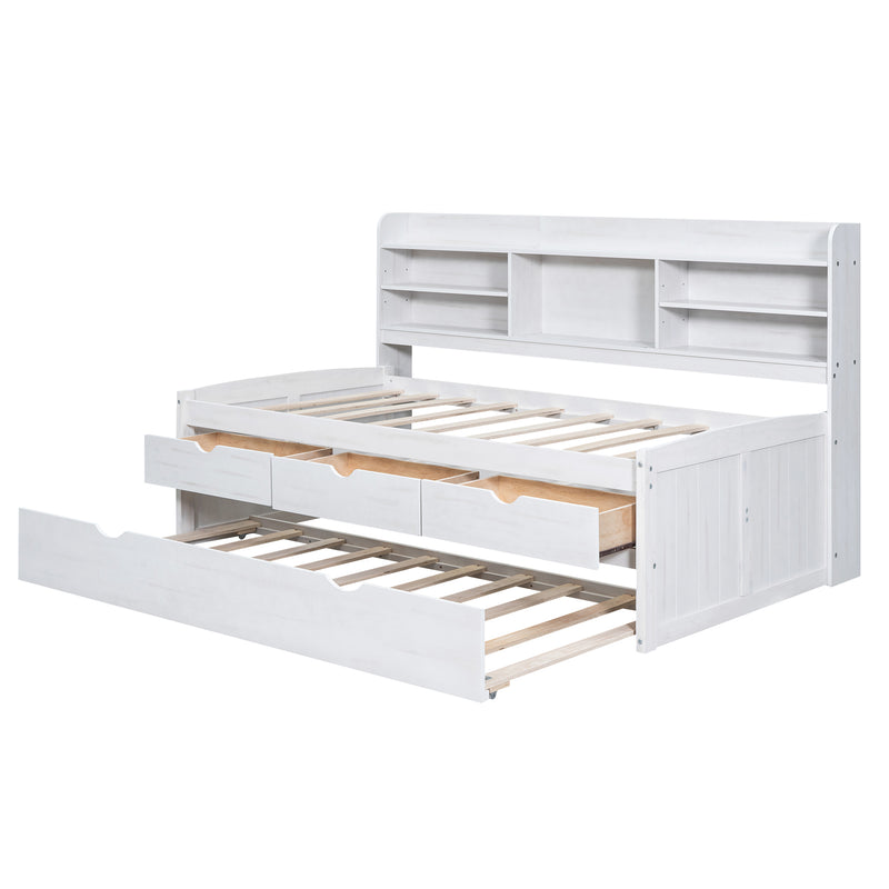 Twin Size Wooden Captain Bed with Built-in Bookshelves,Three Storage Drawers and Trundle, White Wash