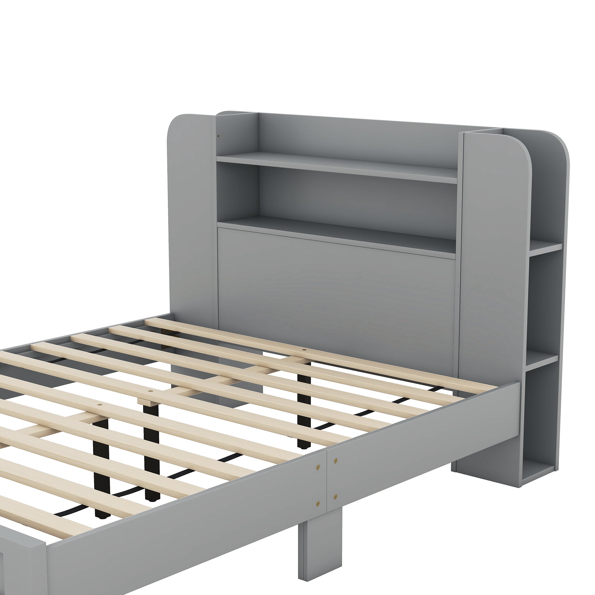 Full Size Platform Bed with Storage Headboard,Multiple Storage Shelves on Both Sides,Grey - Atlantic Fine Furniture Melbourne FL
