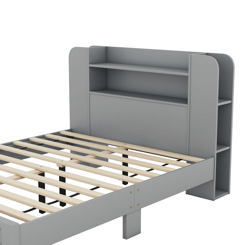 Full Size Platform Bed with Storage Headboard,Multiple Storage Shelves on Both Sides,Grey