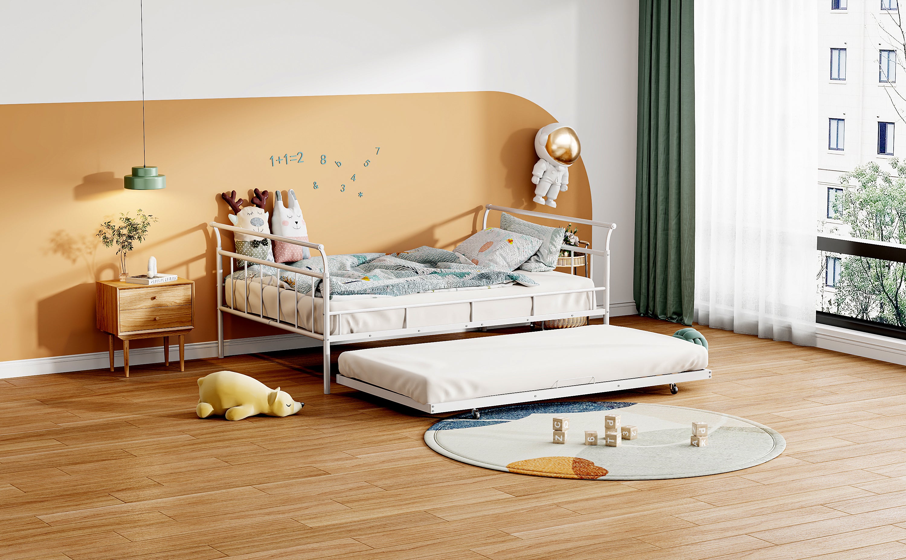 Full Size Metal Daybed with Curved Handle Design and Twin Size Trundle, White - Atlantic Fine Furniture Melbourne FL